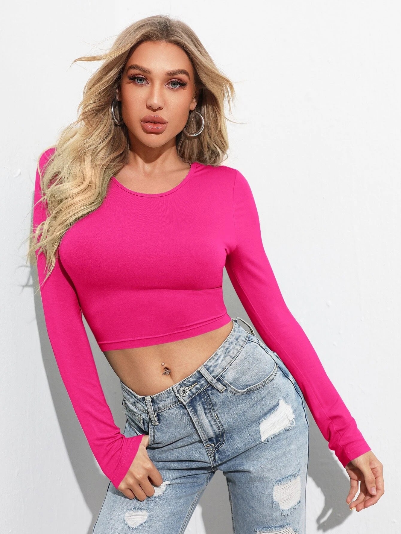 Fitted Long Sleeve Crop Top with U-Neck and Lace-Up Detail