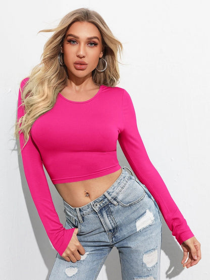 Fitted Long Sleeve Crop Top with U-Neck and Lace-Up Detail