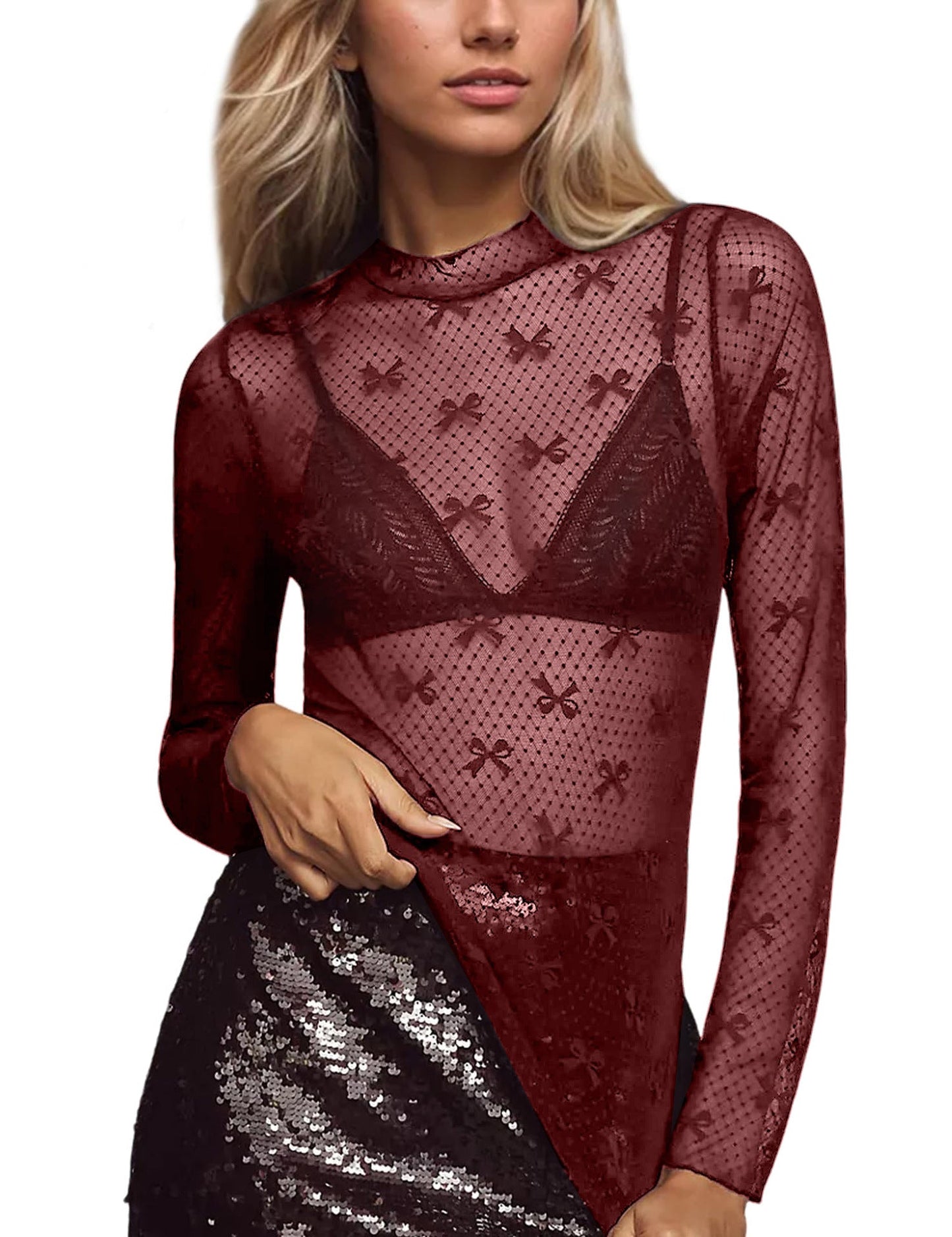 Bow Print Mesh Top with Long Sleeves and Mock Neck