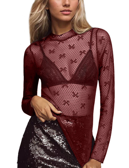 Bow Print Mesh Top with Long Sleeves and Mock Neck