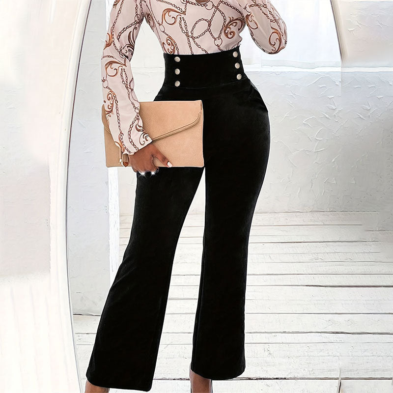 Slim Micro Flared Trousers with High-Waist Buttons