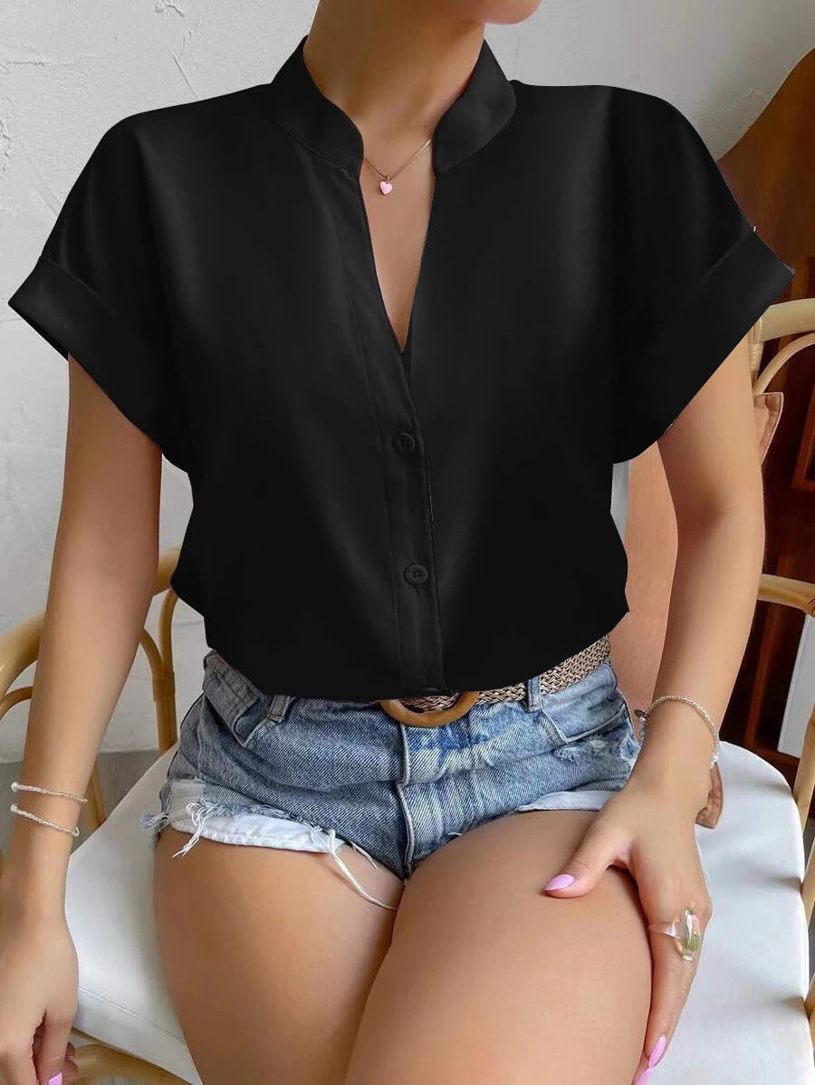 Solid Blouse with Short Sleeves and Band Collar V-Neck
