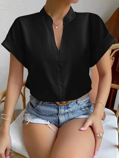 Solid Blouse with Short Sleeves and Band Collar V-Neck