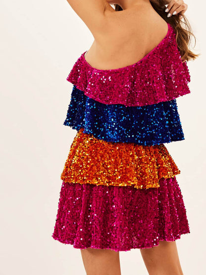Color Block Sequin Mini Dress with One-Shoulder Ruffle