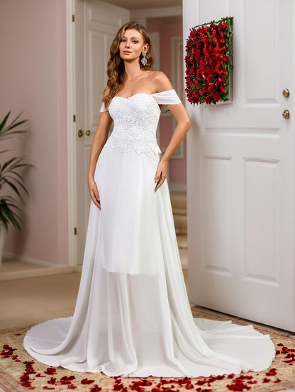Chiffon A-Line Wedding Dress with Off-Shoulder Straps and Lace Bodice