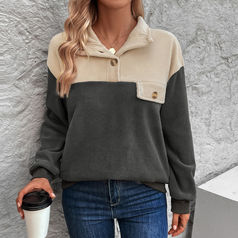 Color Block Fleece Pullover with Half-Button Placket and Stand Collar