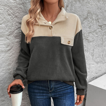 Color Block Fleece Pullover with Half-Button Placket and Stand Collar