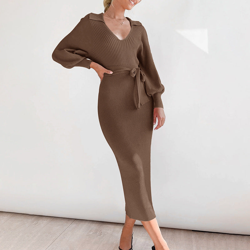 Ribbed Sweater Dress with Lantern Sleeves and Tie-Waist