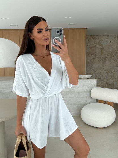 Wrap Front V-Neck Romper with Cinched Waist