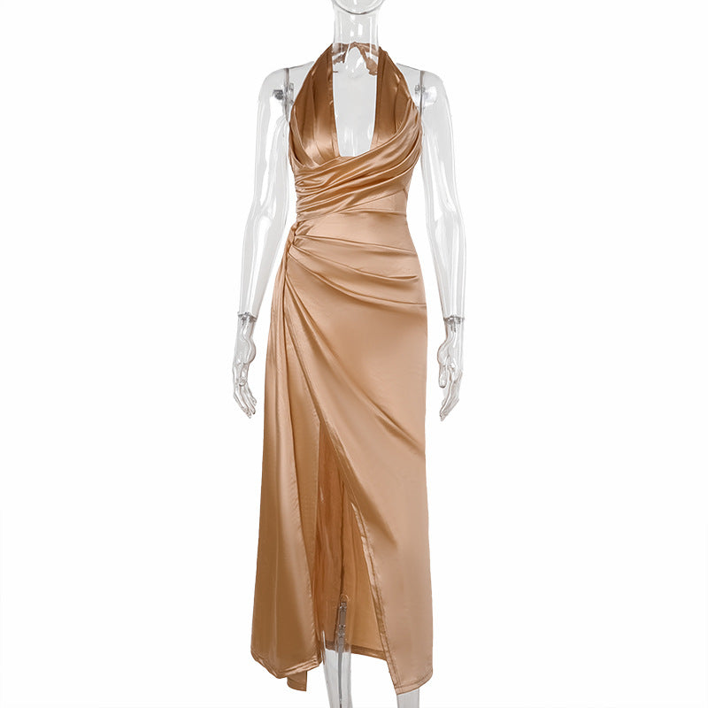 Elegant Deep V Satin Long Dress Pleated Slim Fit