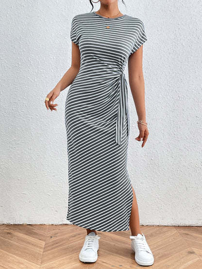 Striped Bodycon Maxi Dress with Side Tie and Slit