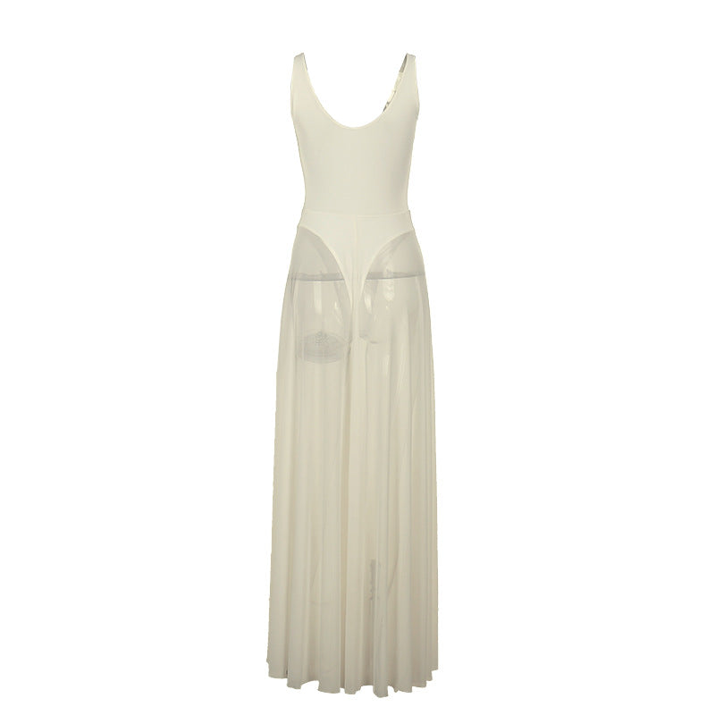A-Line Maxi Dress with Leopard Print and Sheer Pleated Skirt