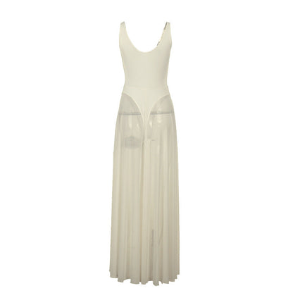 A-Line Maxi Dress with Leopard Print and Sheer Pleated Skirt