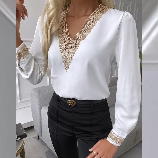 Solid Blouse with Lace-Trimmed V-Neck and Cuffs