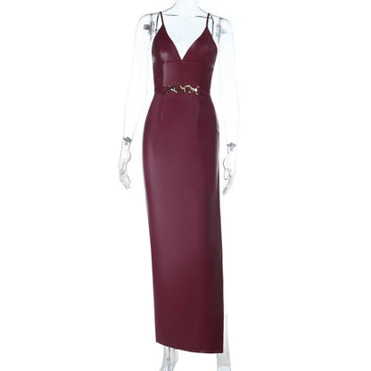 Bodycon Faux Leather Maxi Dress with V-Neck and Metal Buckle