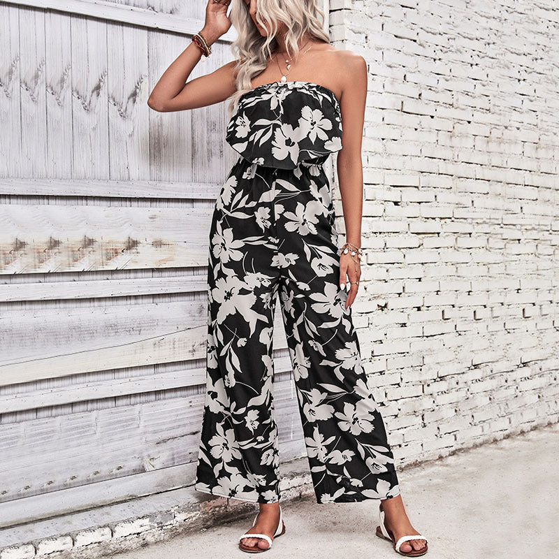 Floral Print Wide-Leg Jumpsuit with Strapless Ruffle Bodice