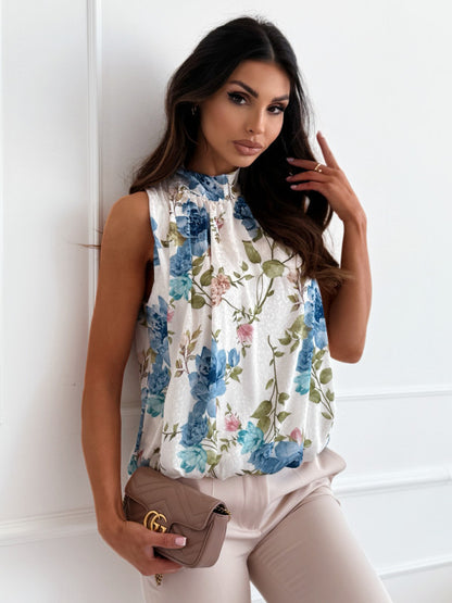 Sleeveless Floral Print Blouse with Pleated Stand Collar