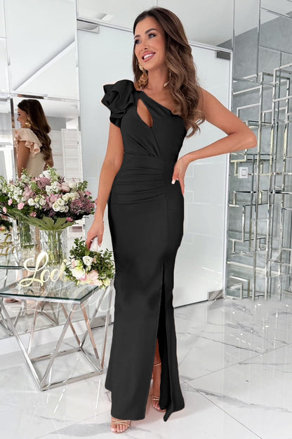 Sheath Maxi Dress with One-Shoulder Ruffle, Cutout, and High Slit