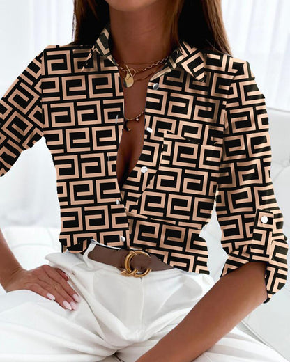 Printed Button-Down Shirt with V-Neck and Long Sleeves