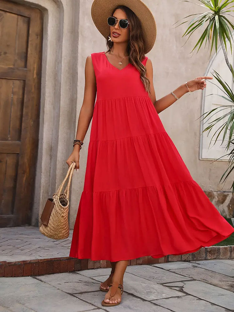 Solid Color Tiered Maxi Dress with V-Neck