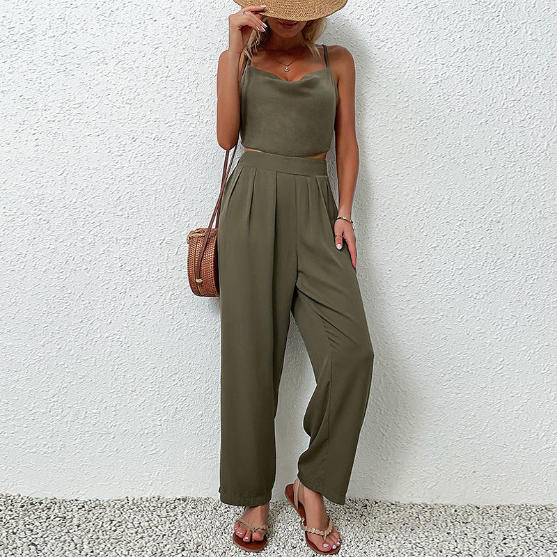 Solid Two-Piece Set with Cowl Neck Camisole and Wide-Leg Pants