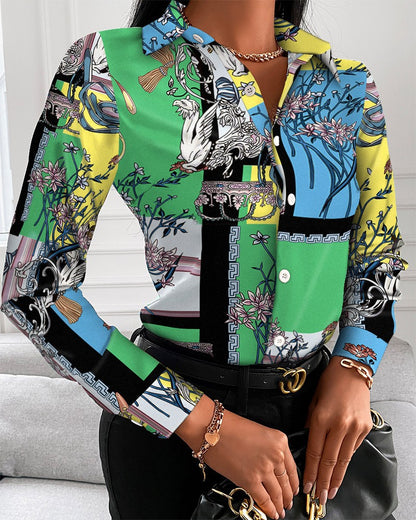 Scarf Print Long Sleeve Button-Down Shirt with Lapel