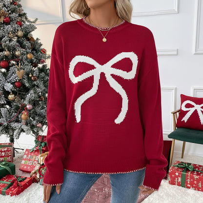 Christmas Bow Print Pullover Sweater with Round Neck