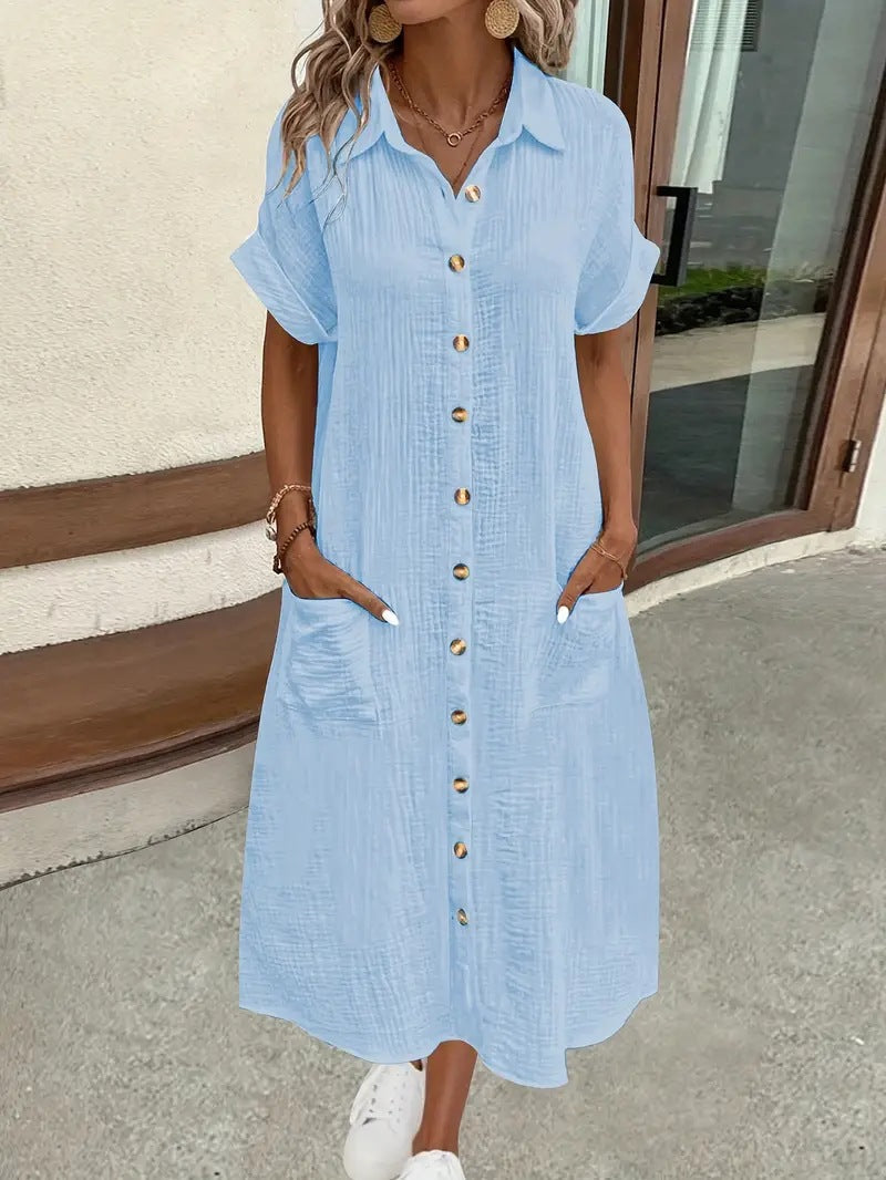Midi Shirt Dress with V-Neck and Button Front
