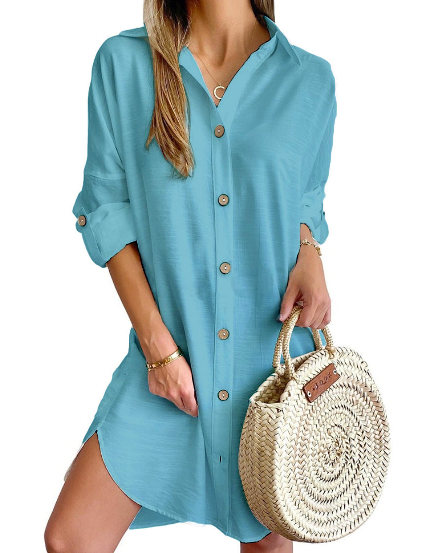 Oversized Shirt Dress with Lapel Collar and Roll-Tab Sleeves