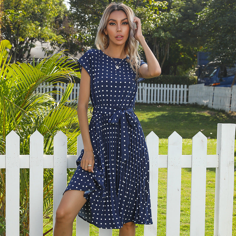 Polka Dot Pleated Midi Dress with Self-Tie Belt