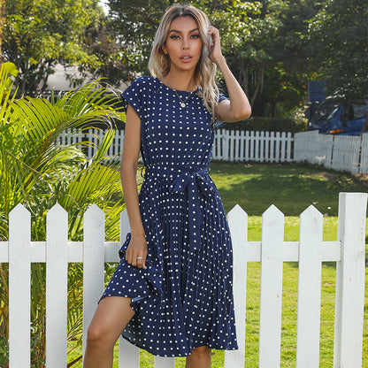 Polka Dot Pleated Midi Dress with Self-Tie Belt