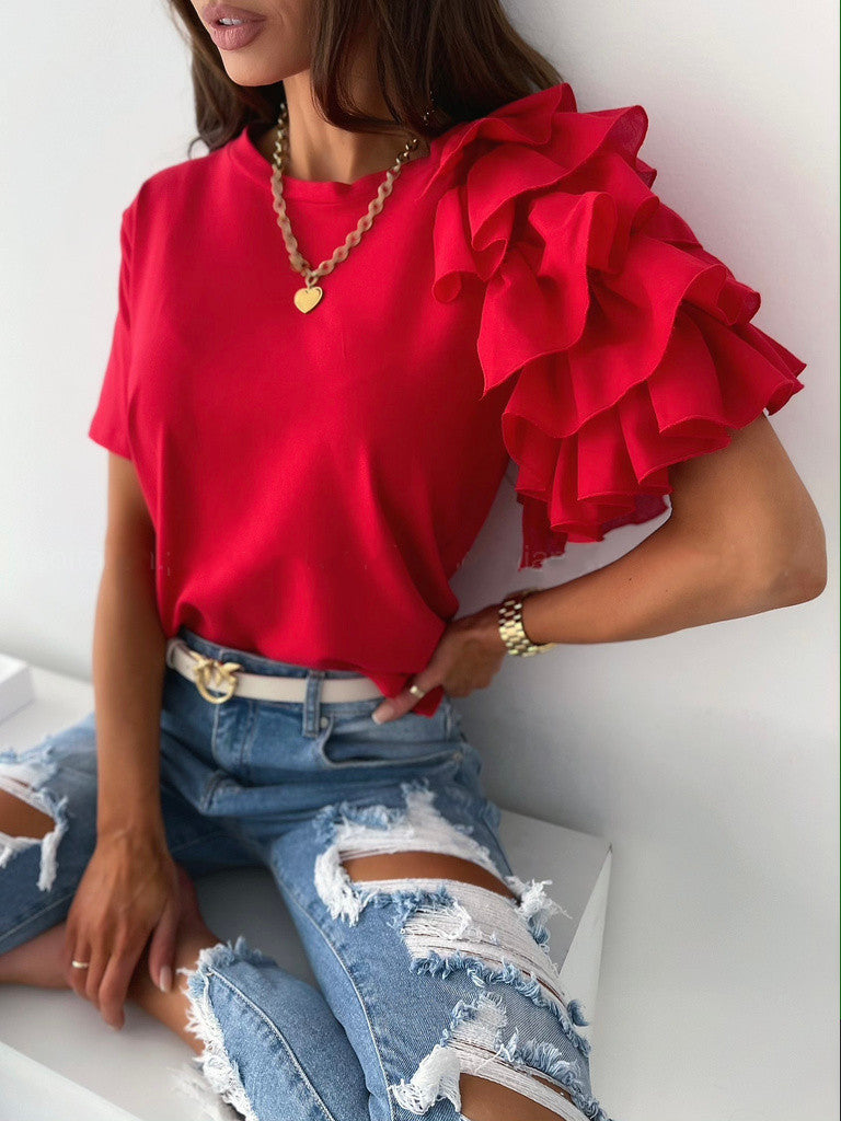 Solid Crewneck T-Shirt with Ruffled Short Sleeves