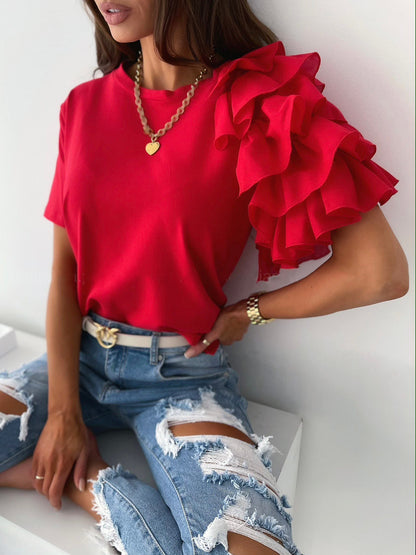 Solid Crewneck T-Shirt with Ruffled Short Sleeves