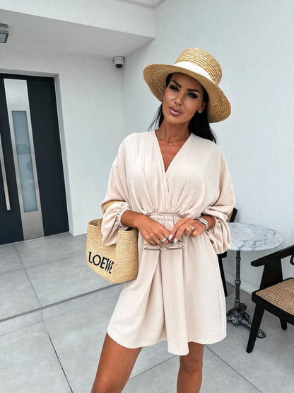 V-Neck Mini Dress with Elastic Waist and Long Sleeves