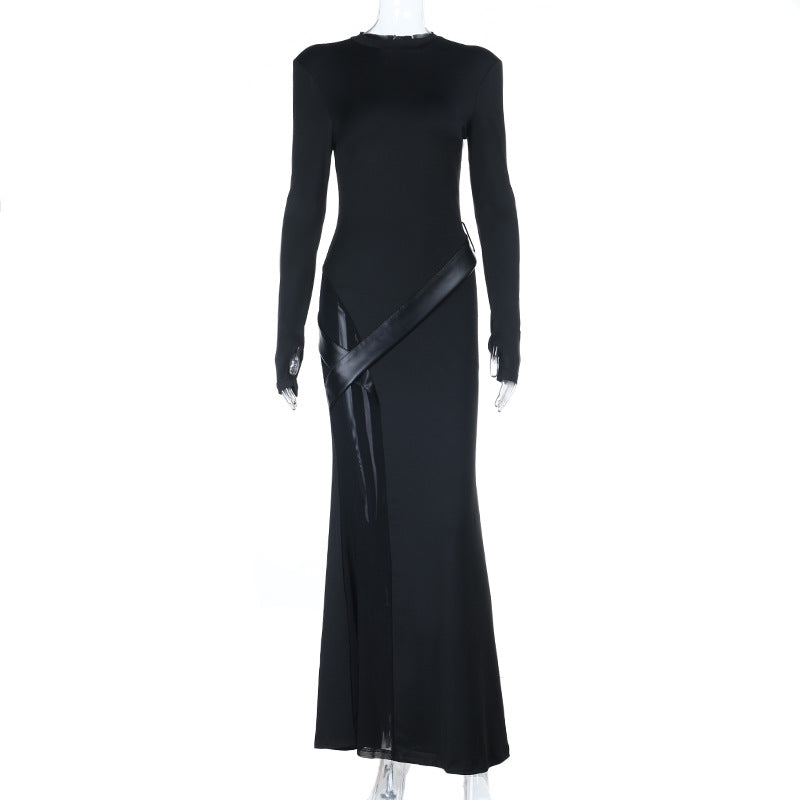 High Neck Long Sleeve A-Line Dress With Shoulder Pads Dark Elegance