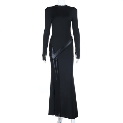 High Neck Long Sleeve A-Line Dress With Shoulder Pads Dark Elegance