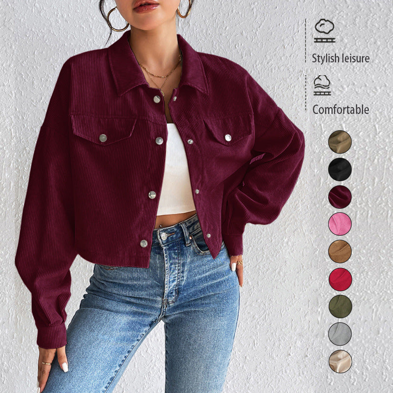 Cropped Corduroy Jacket with Button Front and Chest Pockets