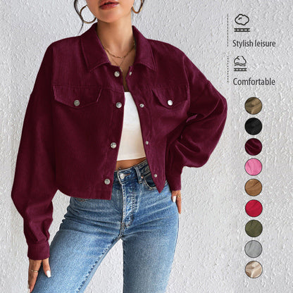 Cropped Corduroy Jacket with Button Front and Chest Pockets