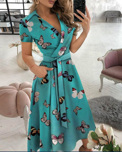 Solid Wrap Midi Dress with Collared V-Neck and Tie-Waist