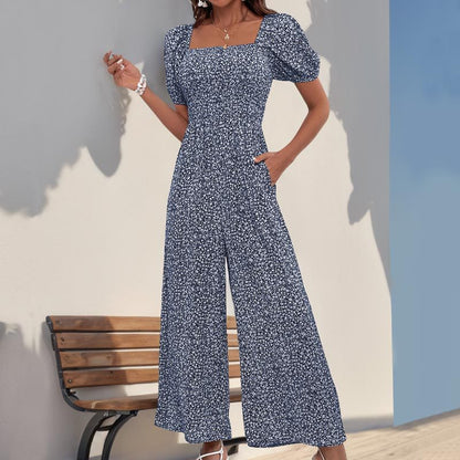 Smocked Floral Jumpsuit with Square Neck and Wide Legs