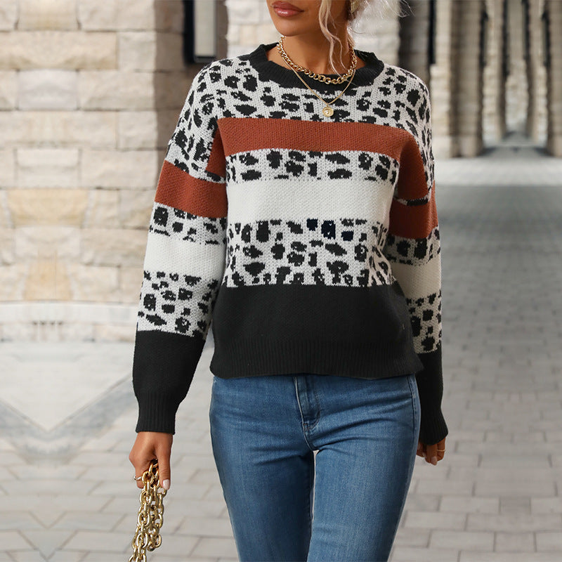 Leopard Print Color-Block Sweater with Round Neck