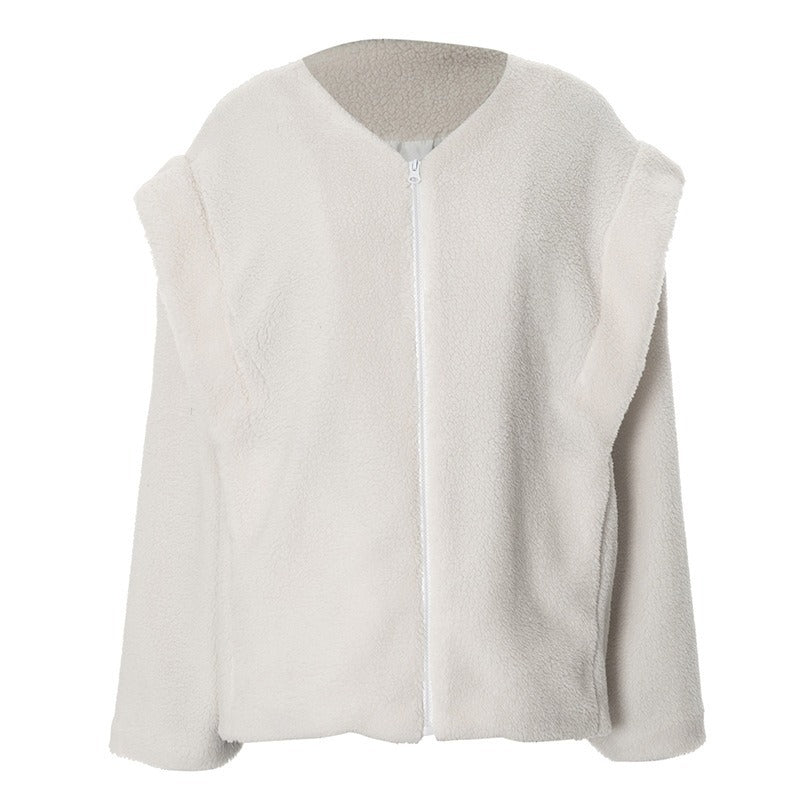Oversized Sherpa Zip-Up Cardigan with Round Neck