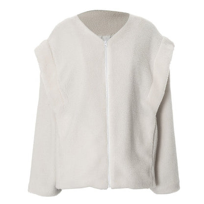 Oversized Sherpa Zip-Up Cardigan with Round Neck