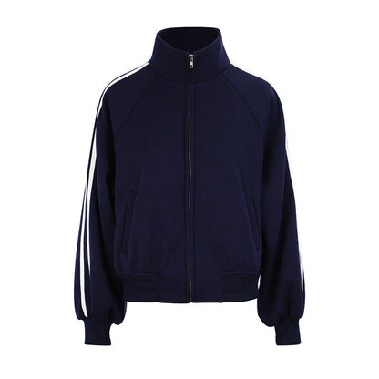 Loose Fit Striped Track Jacket with Full Zipper and Stand Collar
