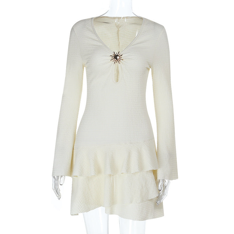 Tiered Ruffle Mini Dress with Buckle Detail and Flared Sleeves