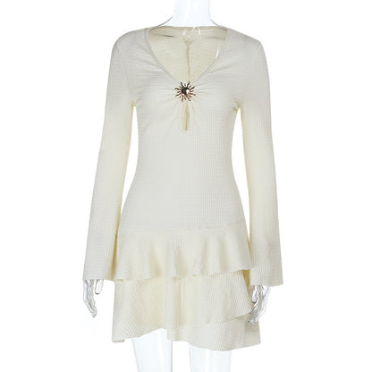 Tiered Ruffle Mini Dress with Buckle Detail and Flared Sleeves