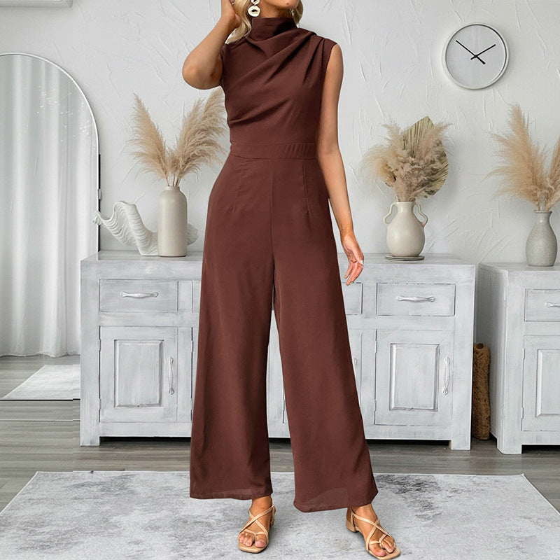 Solid Jumpsuit with Draped Neck and Straight Legs