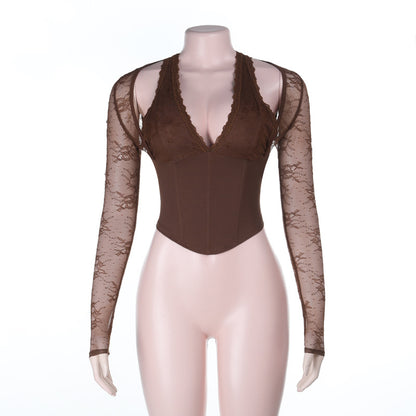 Slim-Fit Corset Top with Lace Halter and Long Sleeves
