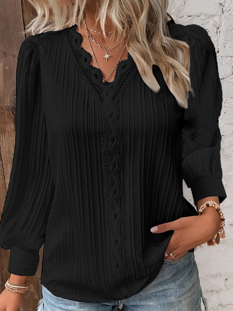 Long-Sleeve Pleated Blouse with V-Neck and Lace Trim