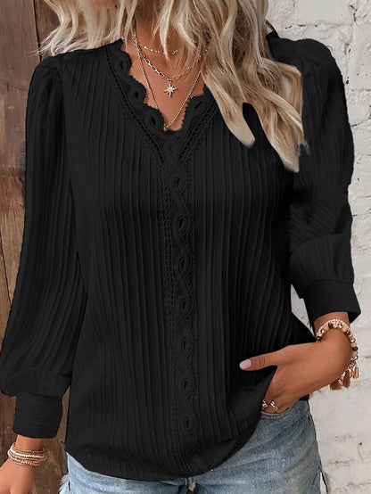 Long-Sleeve Pleated Blouse with V-Neck and Lace Trim